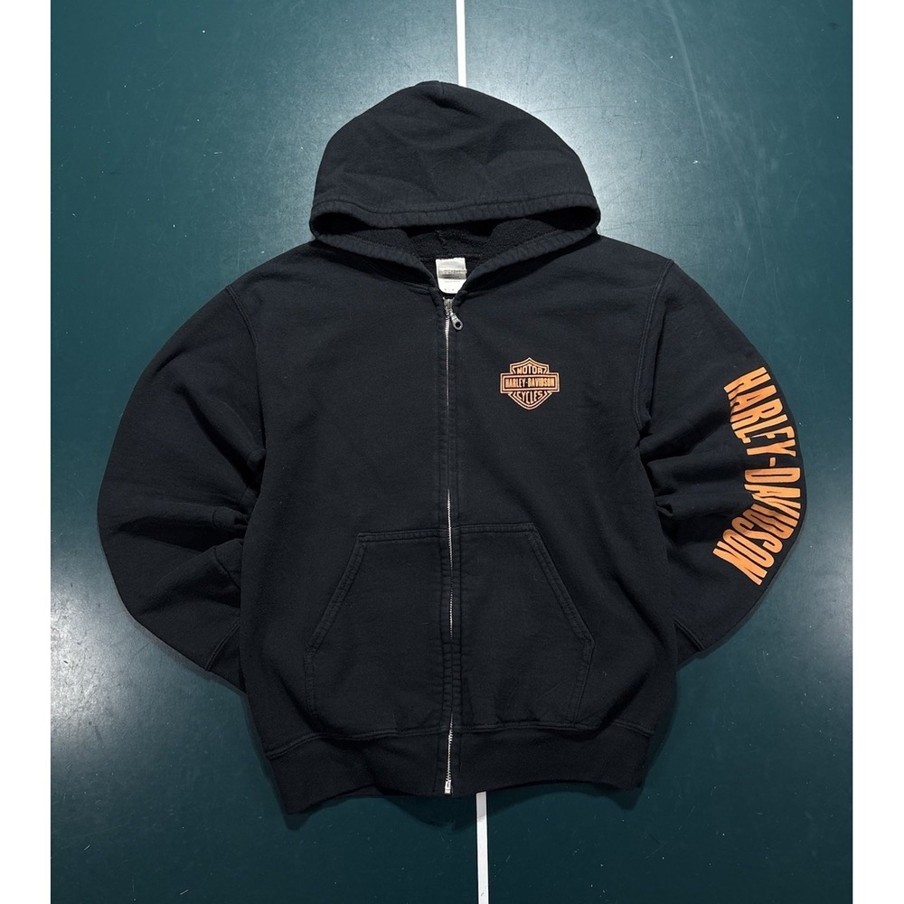 Vtg Harley Davidson Full Zip Hoodie Sweatshirt Men's Small Black Skull Y2K Biker